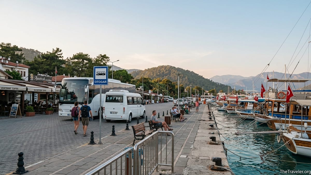 Intercity coach and dolmuş minibus at Fethiye harbor with boats and hills at sunset.