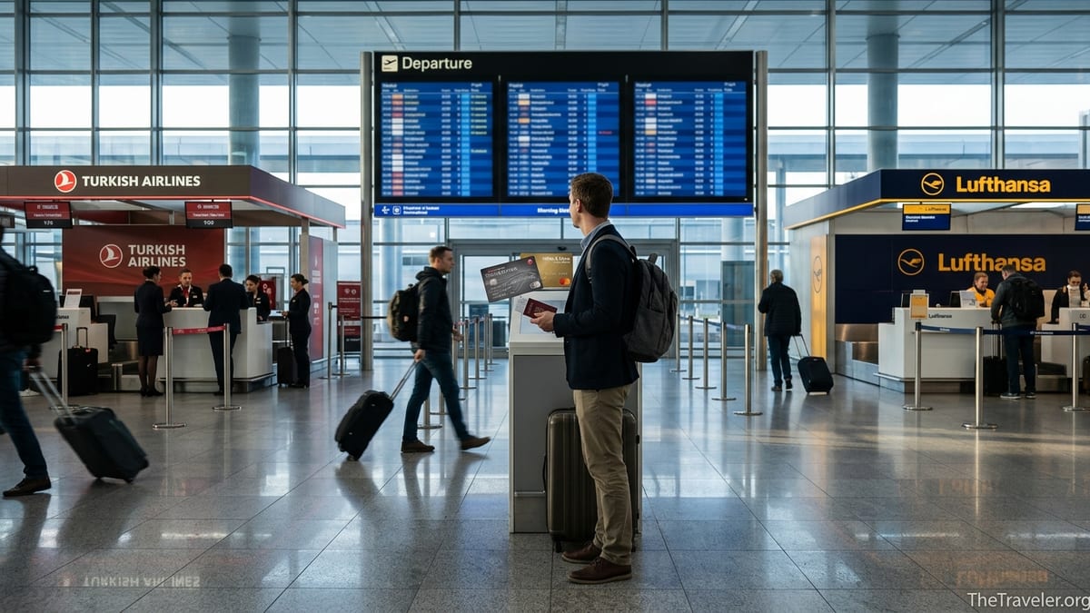 Traveler at airport holding Turkish and Lufthansa credit cards near check in counters.