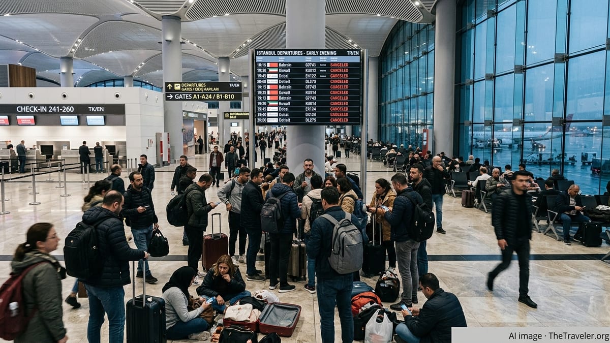 Crowded Istanbul Airport hall with travelers watching a departures board full of cancelled Gulf flights.