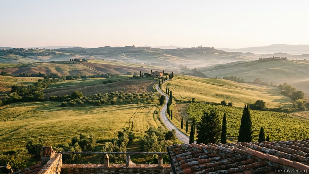 Sunrise over rolling hills, cypress-lined road and vineyards in Val d’Orcia, Tuscany.