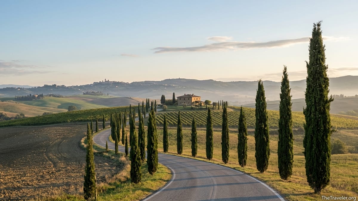 Cypress-lined road curving through Tuscan vineyards at sunset toward a stone farmhouse on a hill.