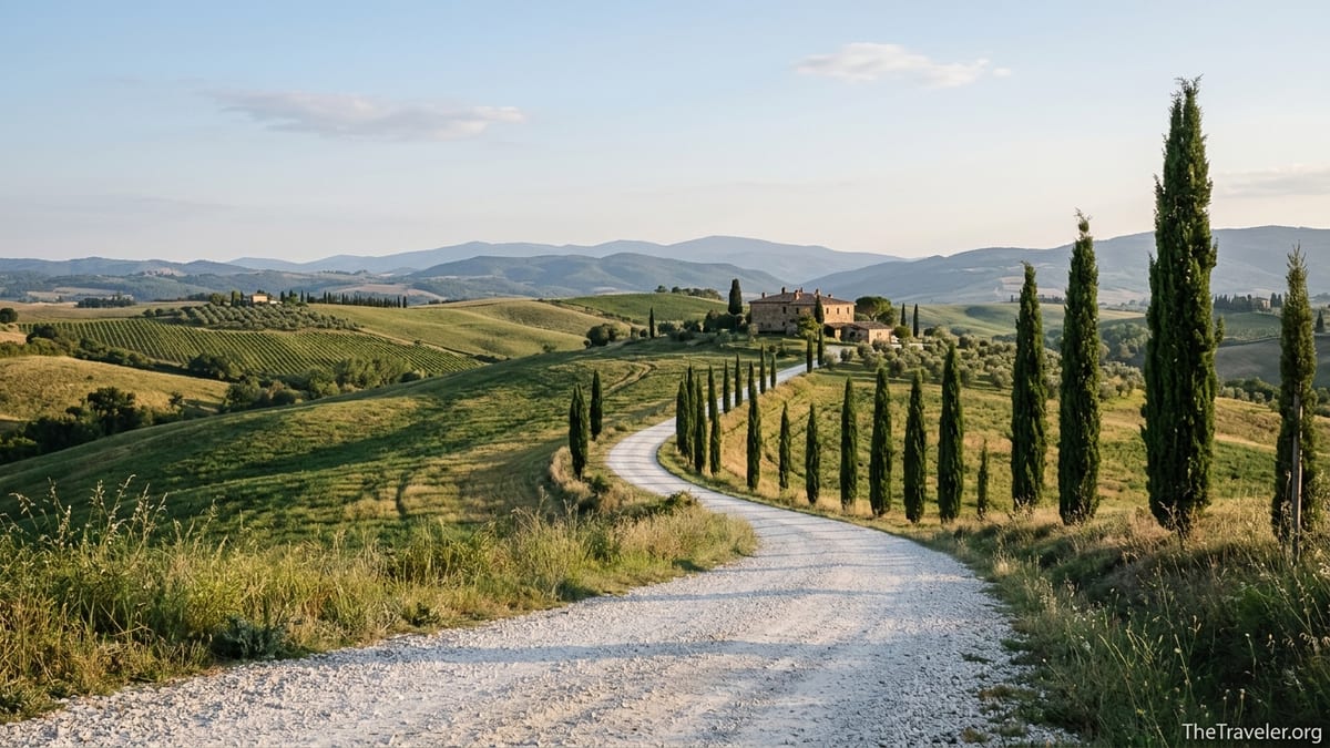 Cypress-lined gravel road winding through rolling Tuscan hills toward a stone farmhouse at sunset.
