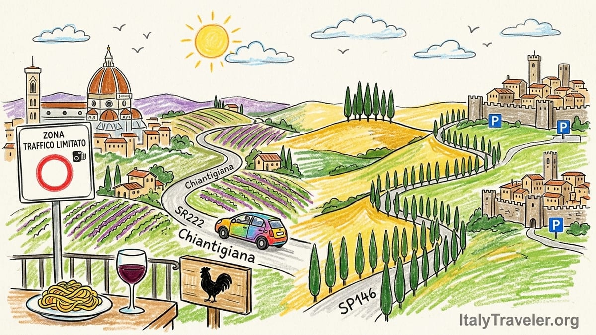 View over rolling hills and cypress-lined roads in Tuscany’s Val d’Orcia at sunset from a stone farmhouse terrace.
