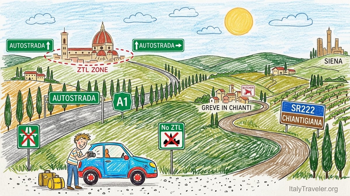 Curving road through Tuscan vineyards near Greve in Chianti with a small car driving away at sunset.