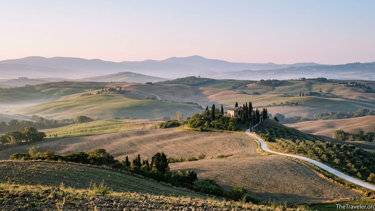 Golden sunrise over rolling hills and cypress-lined farmhouses in Tuscany’s Val d’Orcia.