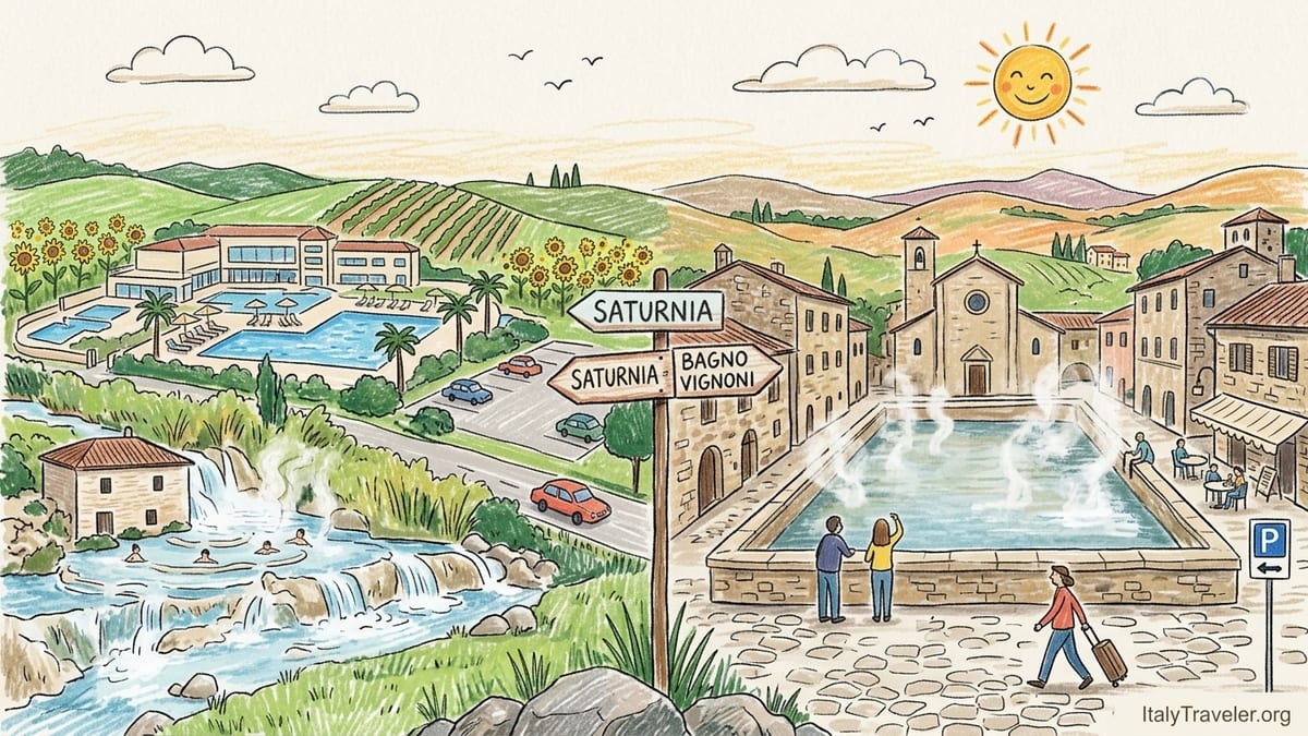 Thermal pools at Saturnia with steaming water and Tuscan village in the background.
