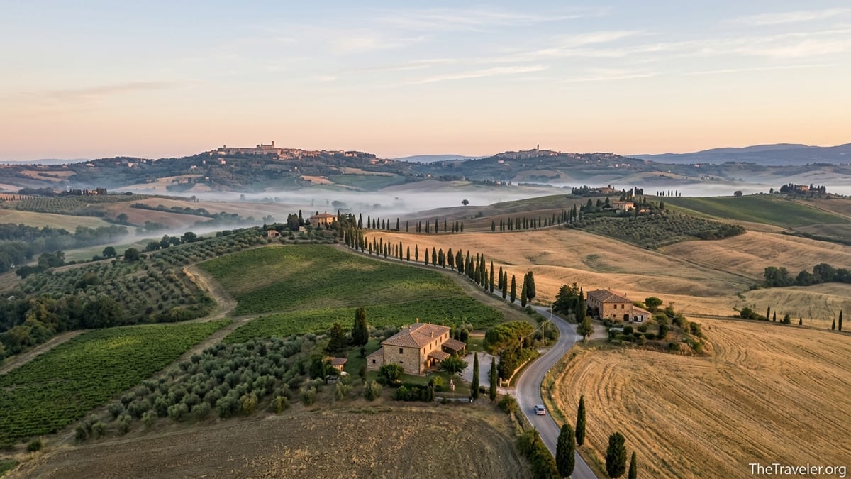Sunrise over Tuscany’s Val d’Orcia with cypress-lined road and distant hill towns.