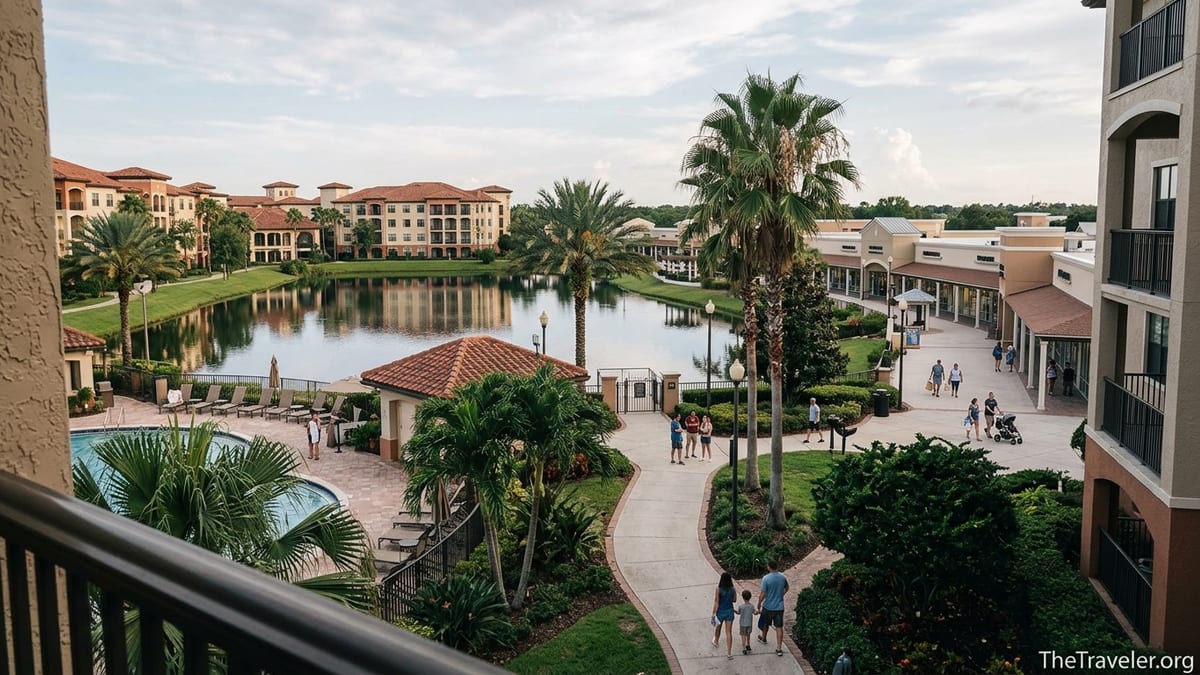 Hilton Grand Vacations Tuscany Village lakefront path leading toward nearby outlet mall at sunset.