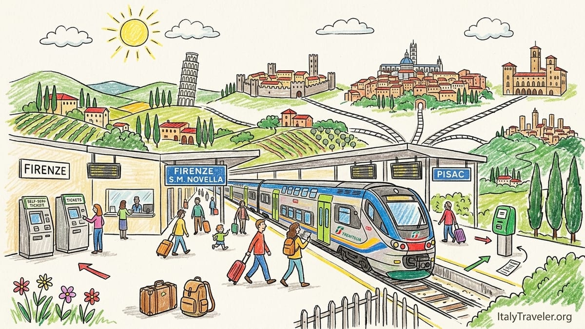 Regional train at Florence Santa Maria Novella station with travelers and morning light.