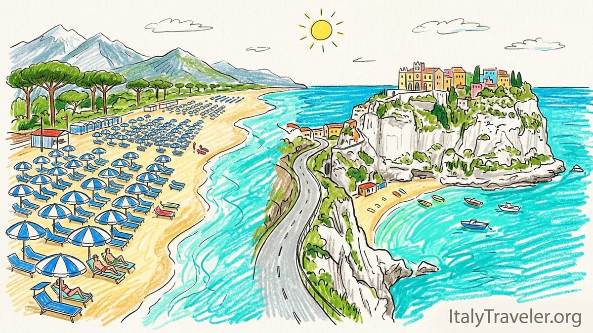 Aerial view of varied Tyrrhenian beaches from sandy resorts to cliff-backed coves with turquoise water.