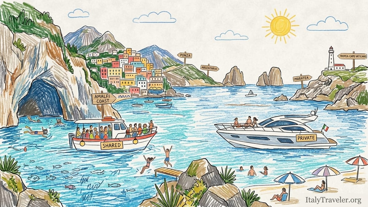 Small boat tour off Tropea and Capo Vaticano cruising along cliffs on the Costa degli Dei.