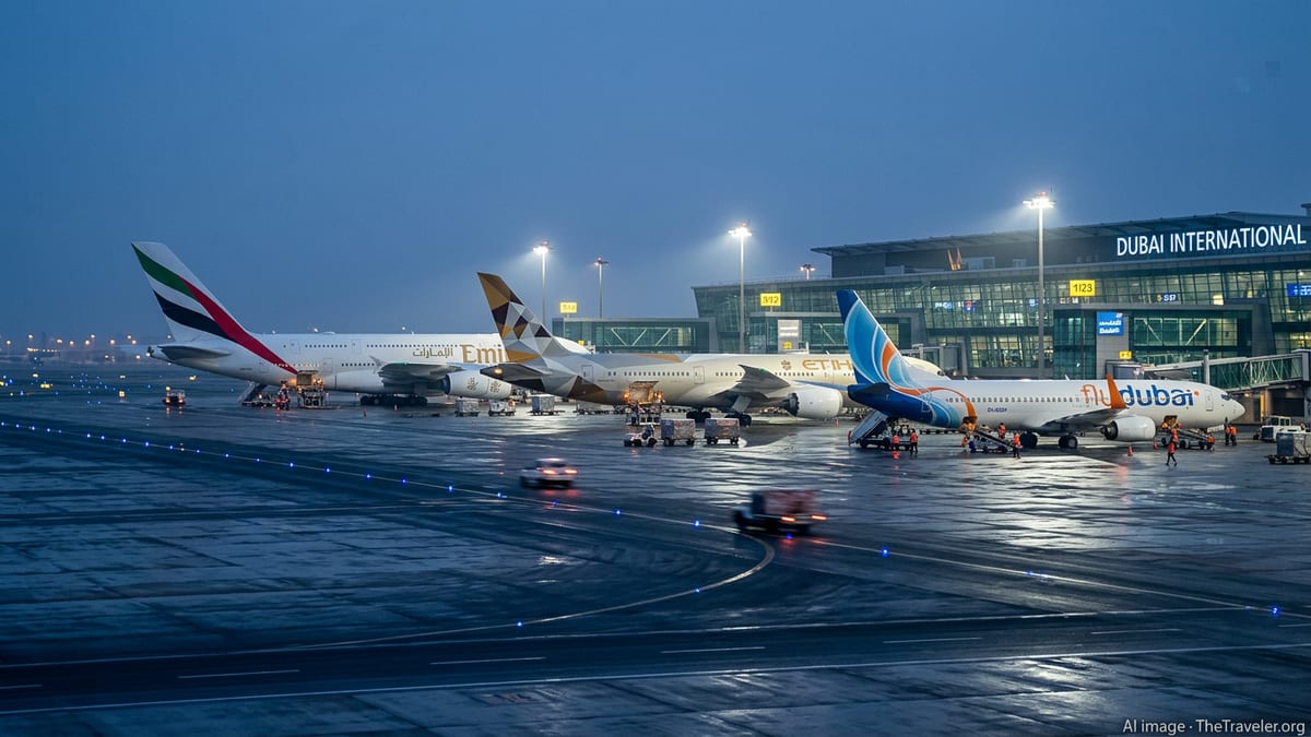 Early morning view of Emirates, Etihad and flydubai jets at Dubai airport under hazy skies.