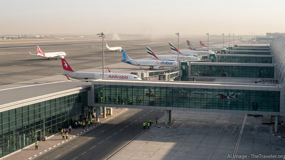 UAE airlines’ jets parked and taxiing at Dubai International Airport as limited flights resume.