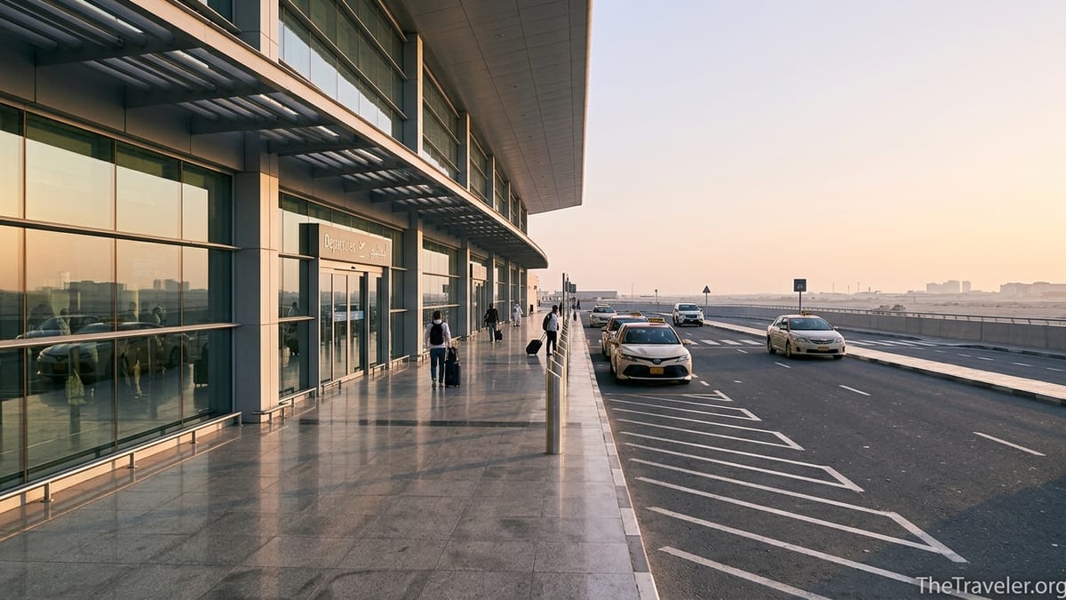 Exterior of a modern UAE airport at sunrise with taxis and travelers at the terminal entrance.