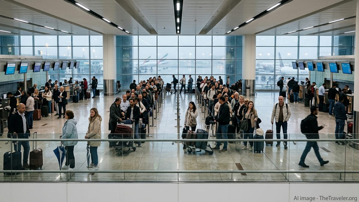 Passengers queue at Dubai International Airport check-in as rain lashes the tarmac outside large glass windows.