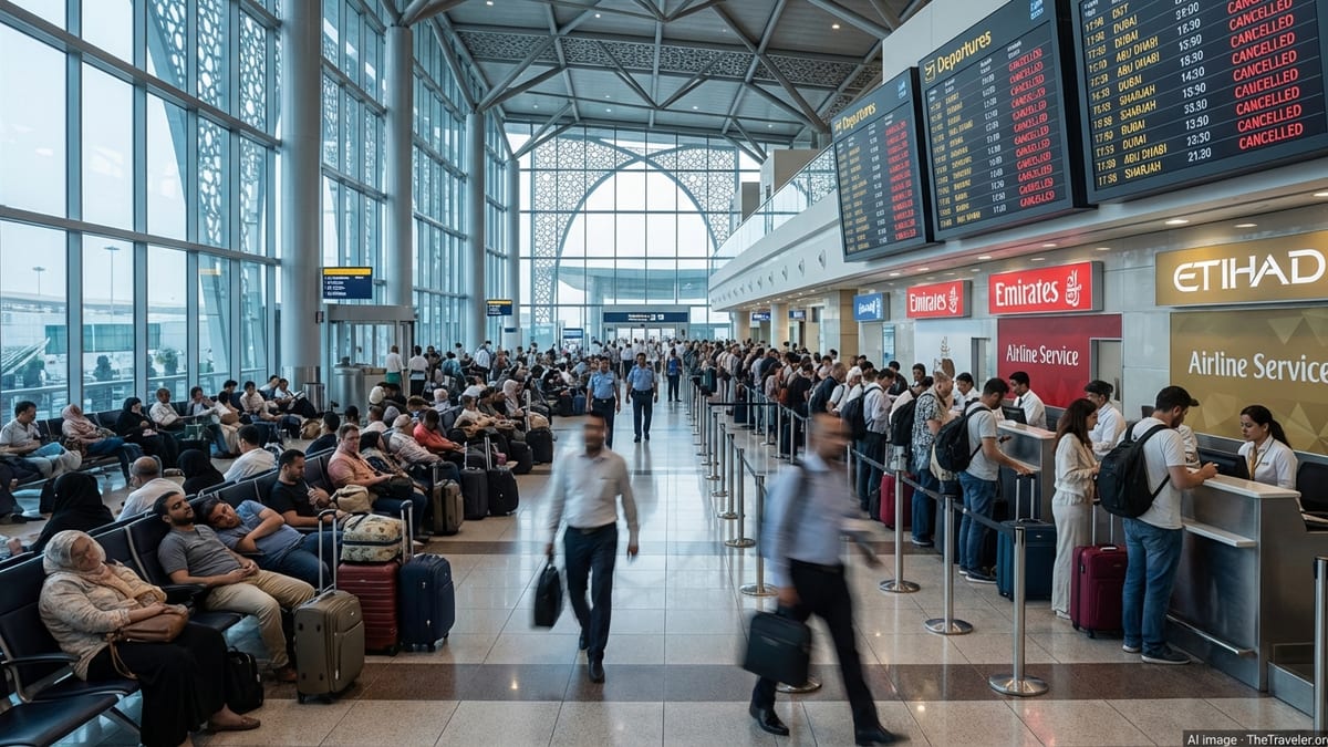 Crowded Dubai airport terminal with stranded passengers under boards showing cancelled flights.