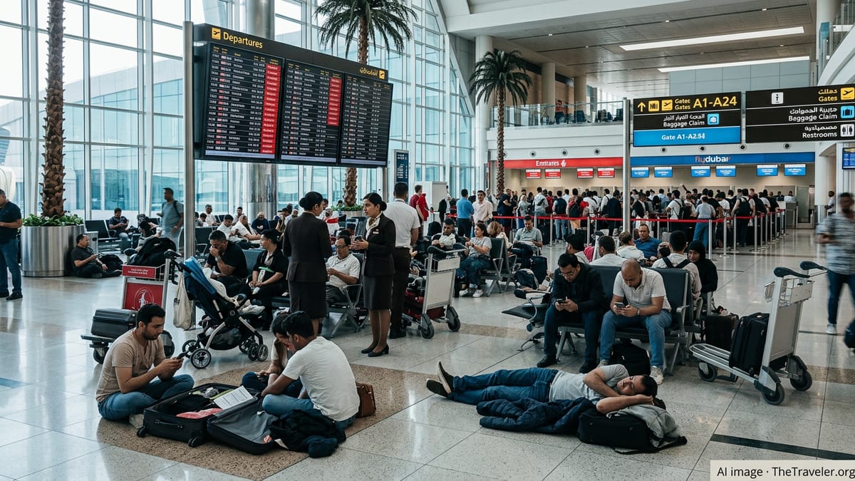 Stranded passengers with luggage crowd a Dubai airport terminal under departure boards showing delays and cancellations.