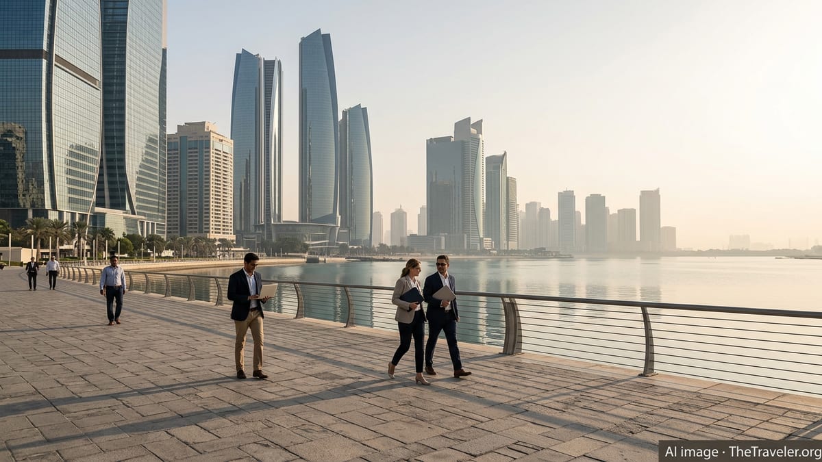 Abu Dhabi financial district skyline at sunrise viewed from waterfront promenade.