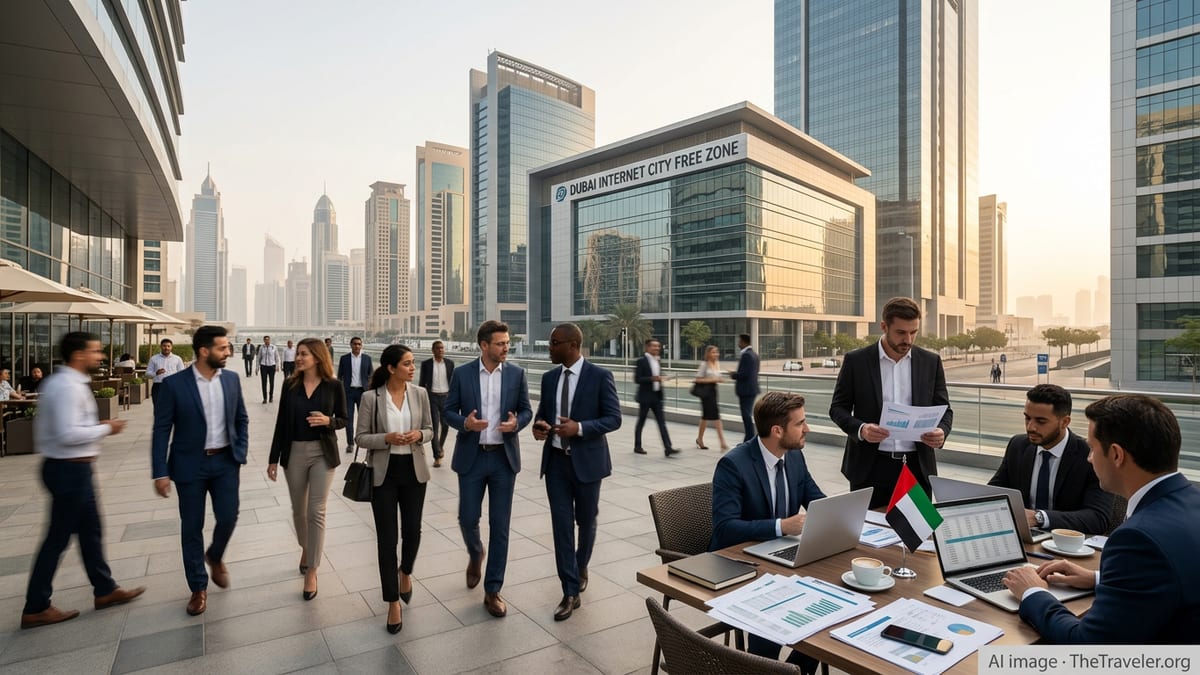 Business owners review financial documents in a UAE free zone office district at sunset.