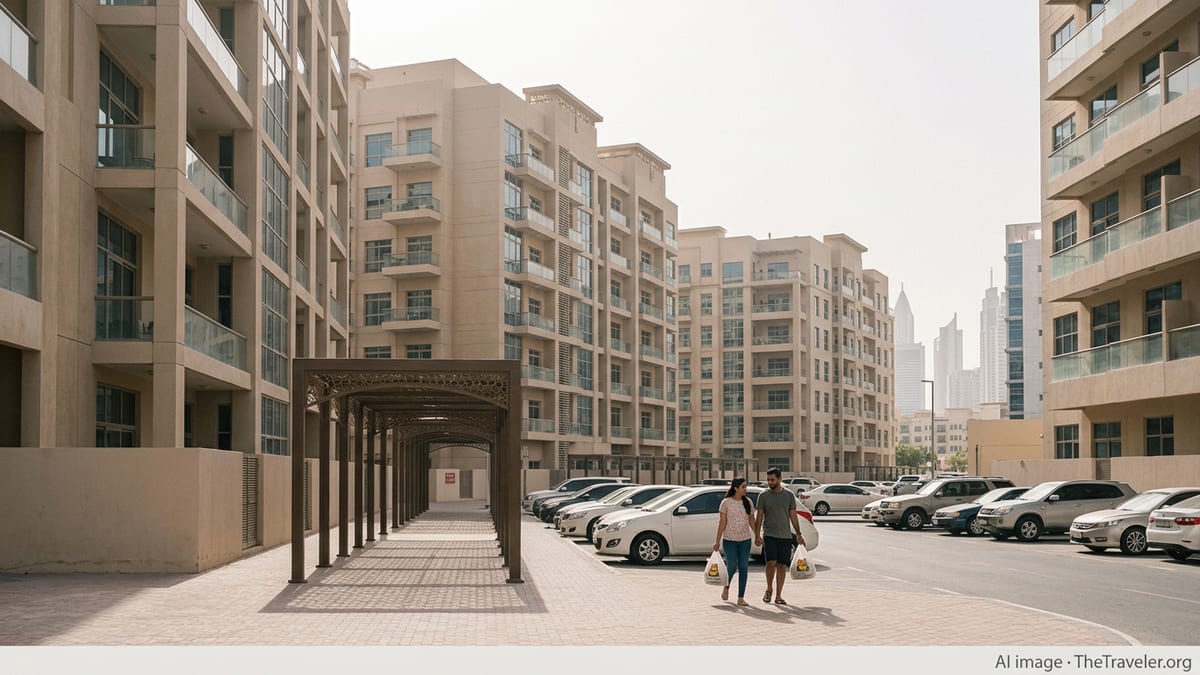 Couple walking with groceries in a modern Dubai residential neighborhood.