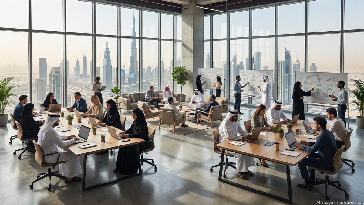 Coworking space in Dubai high-rise with professionals working and city skyline outside windows.