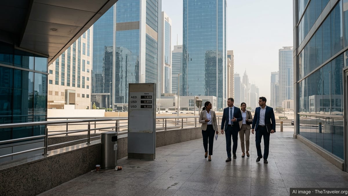 Modern UAE financial district with business people walking past a currency exchange board
