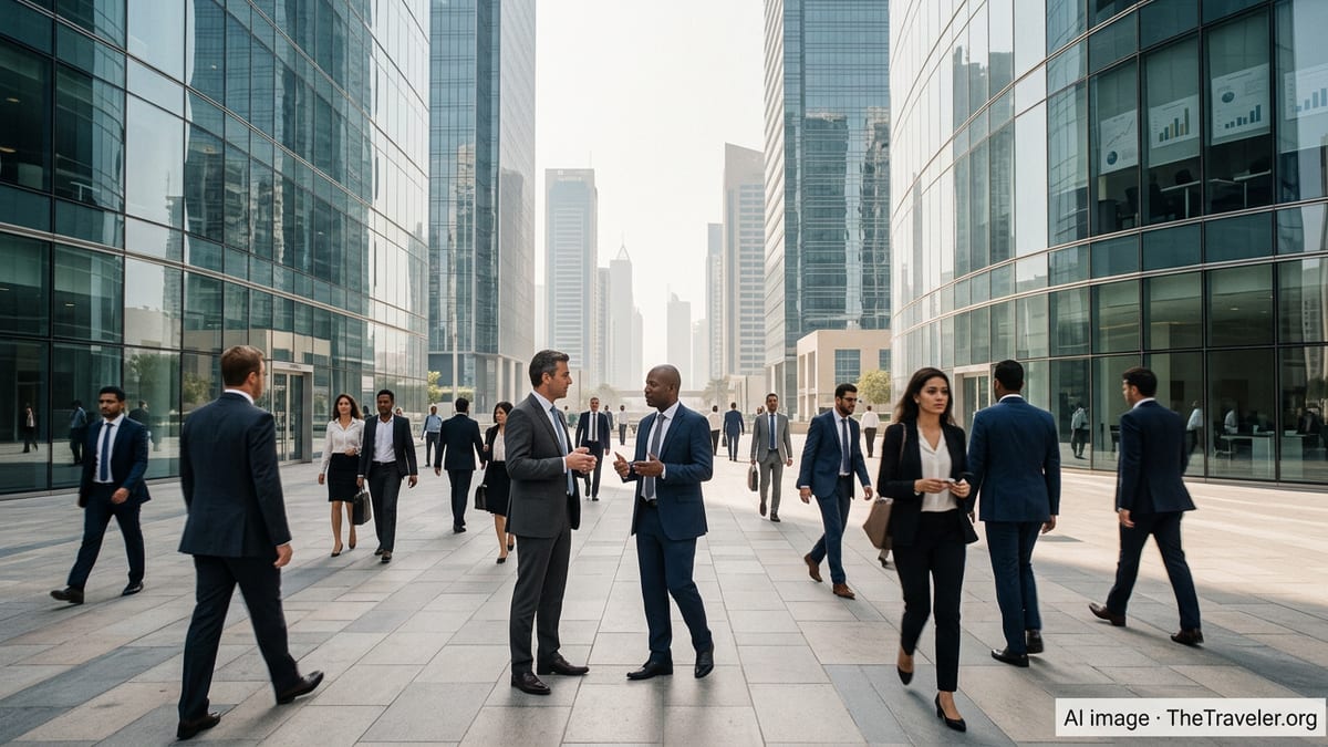Expat professionals walking through a modern glass office district in Dubai at midday.