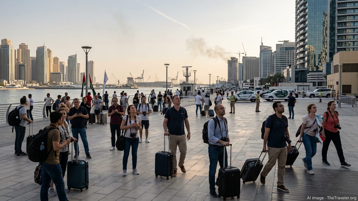 Travelers with cameras pause along a Dubai waterfront as a hazy skyline and faint smoke plume rise in the distance.