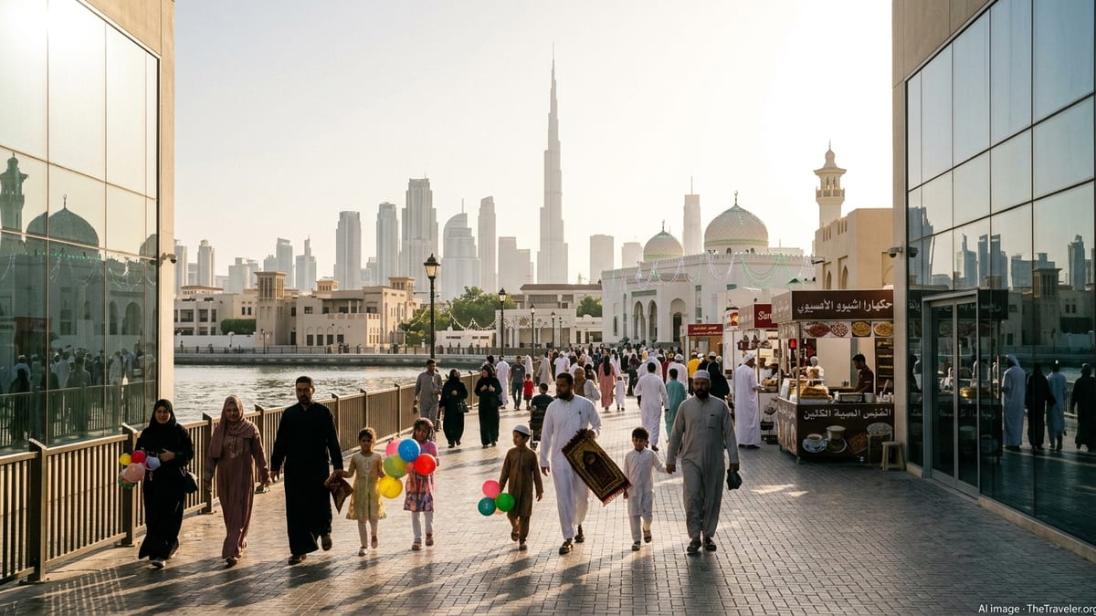 Families walk along a Dubai waterfront after Eid Al Fitr prayers with the city skyline in soft morning light.