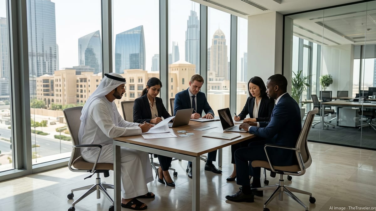 Foreign professionals in a UAE office reviewing employment visa documents with city skyline view.