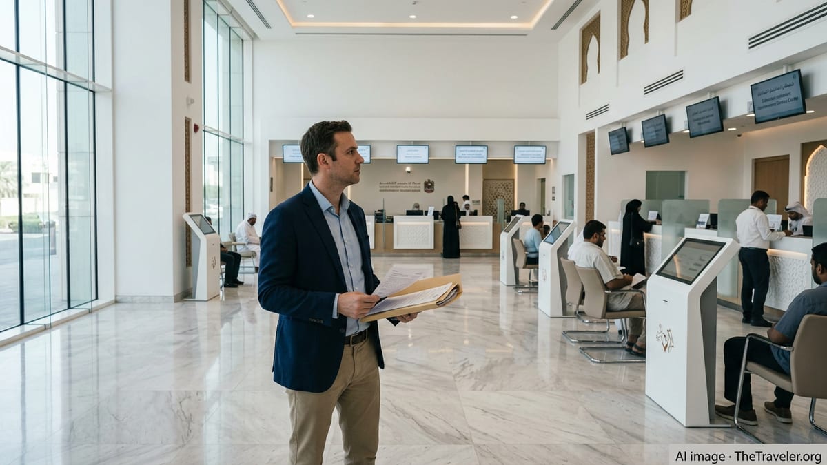 Expat waiting with documents in a modern UAE government service center