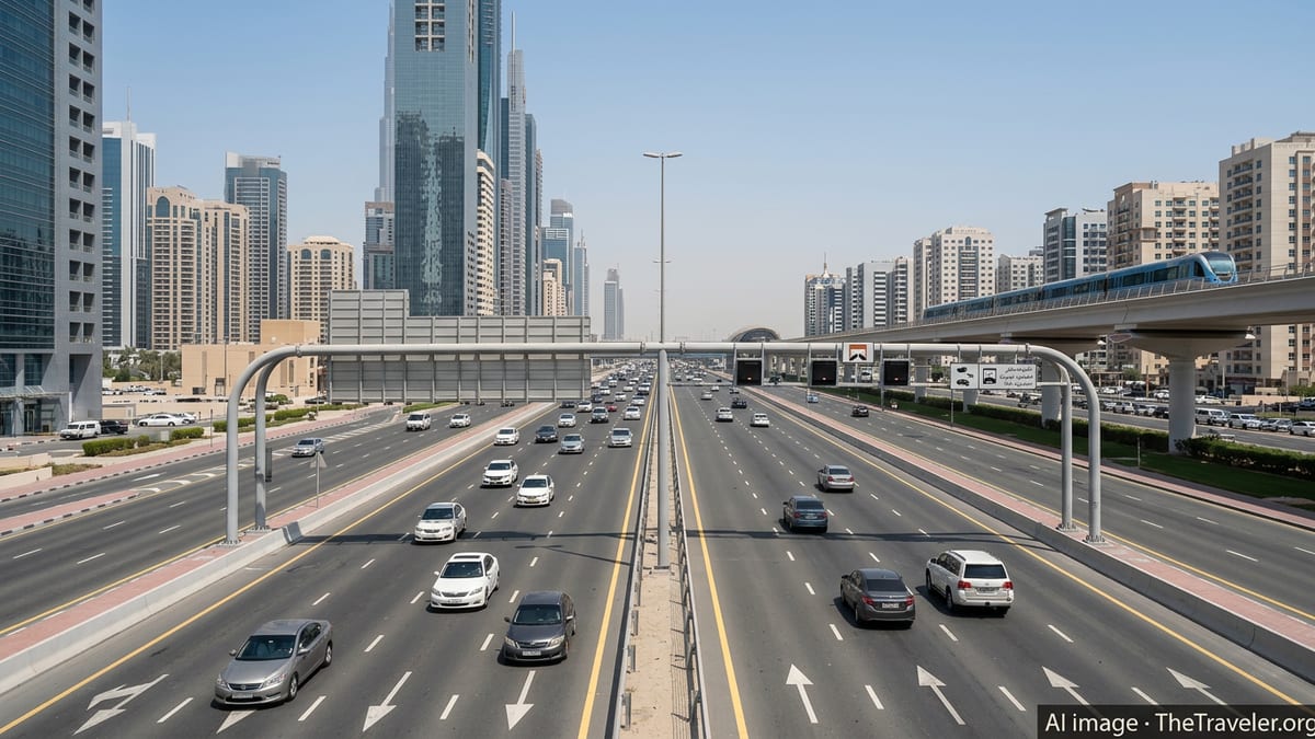 Dubai highway with Salik toll gate, cars, and metro viaduct on a clear day