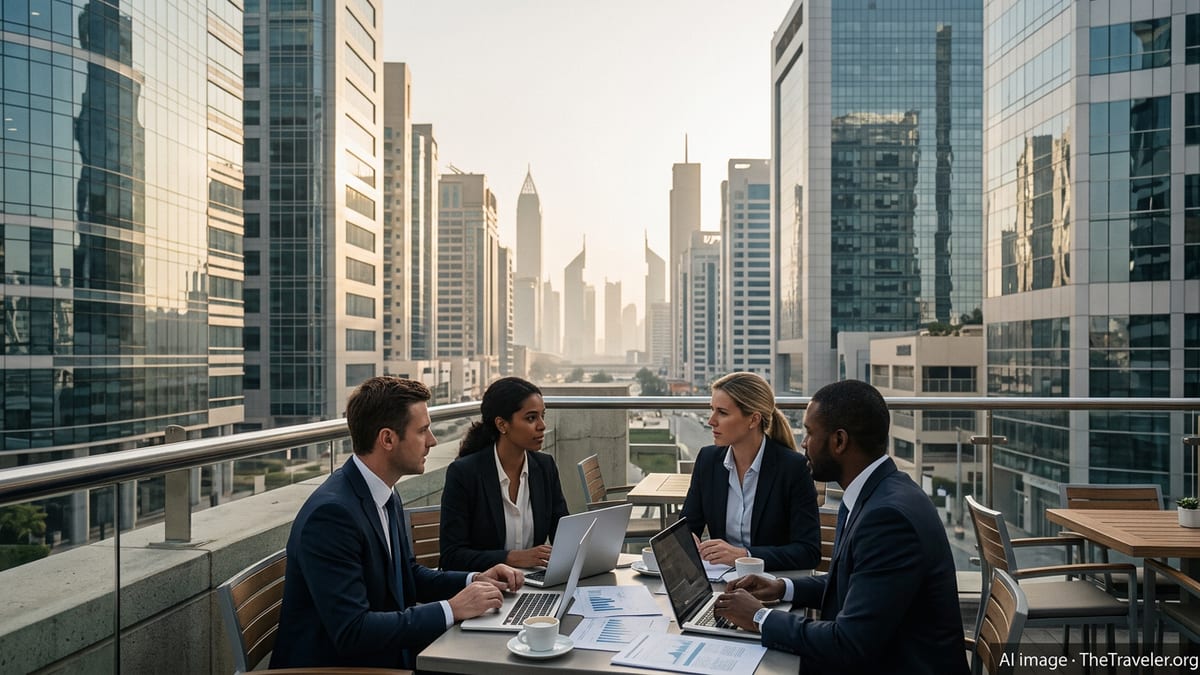 Expat professionals working outdoors in Dubai’s financial district with city skyline behind them.