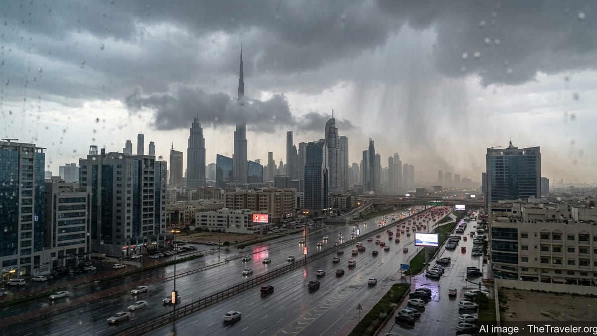 Rainy Dubai skyline with wet highways and storm clouds over the city.