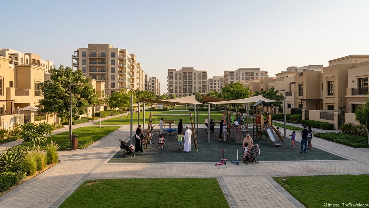 Families with children in a shaded playground inside a modern UAE residential community.