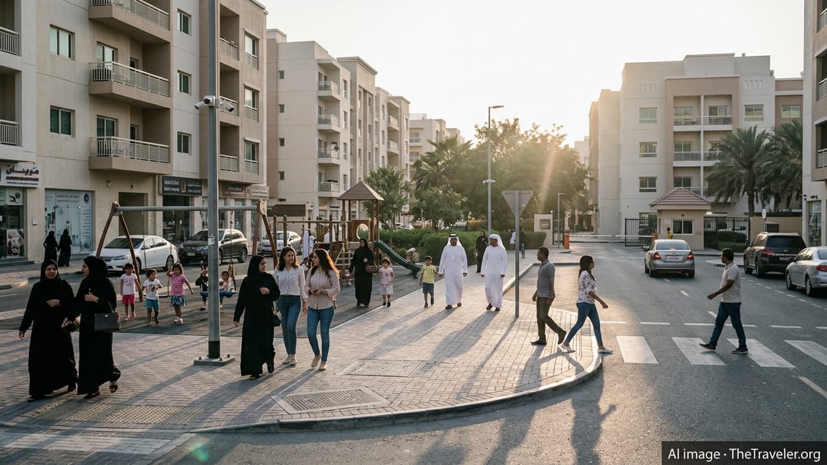Families with children walking in a safe residential neighborhood in the UAE at sunset.