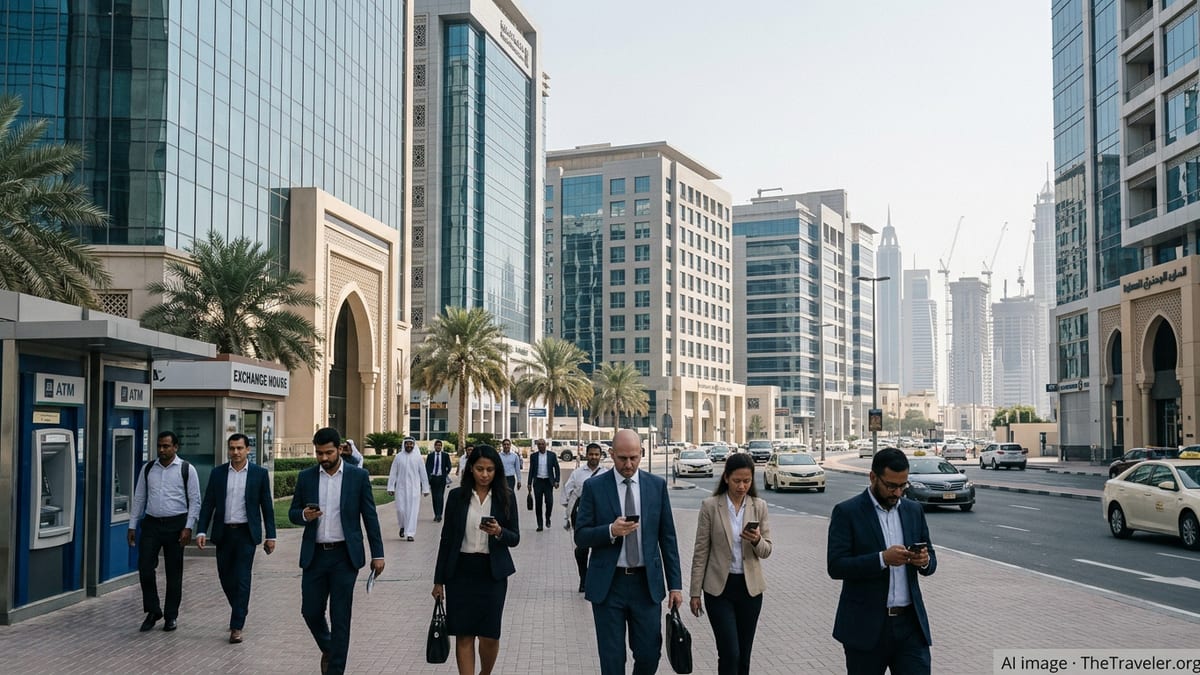 Dubai financial district with banks, exchange house and expatriate professionals walking along a palm-lined boulevard.