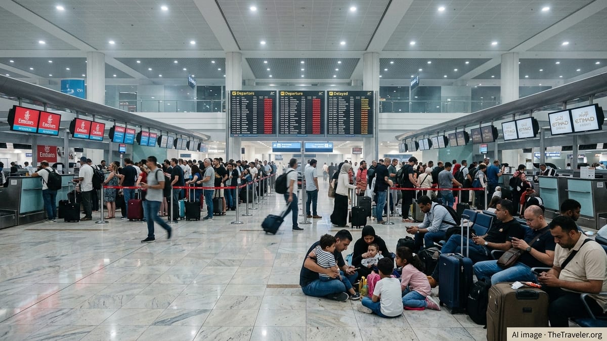 Crowded Dubai airport departures hall with stranded passengers in long queues.