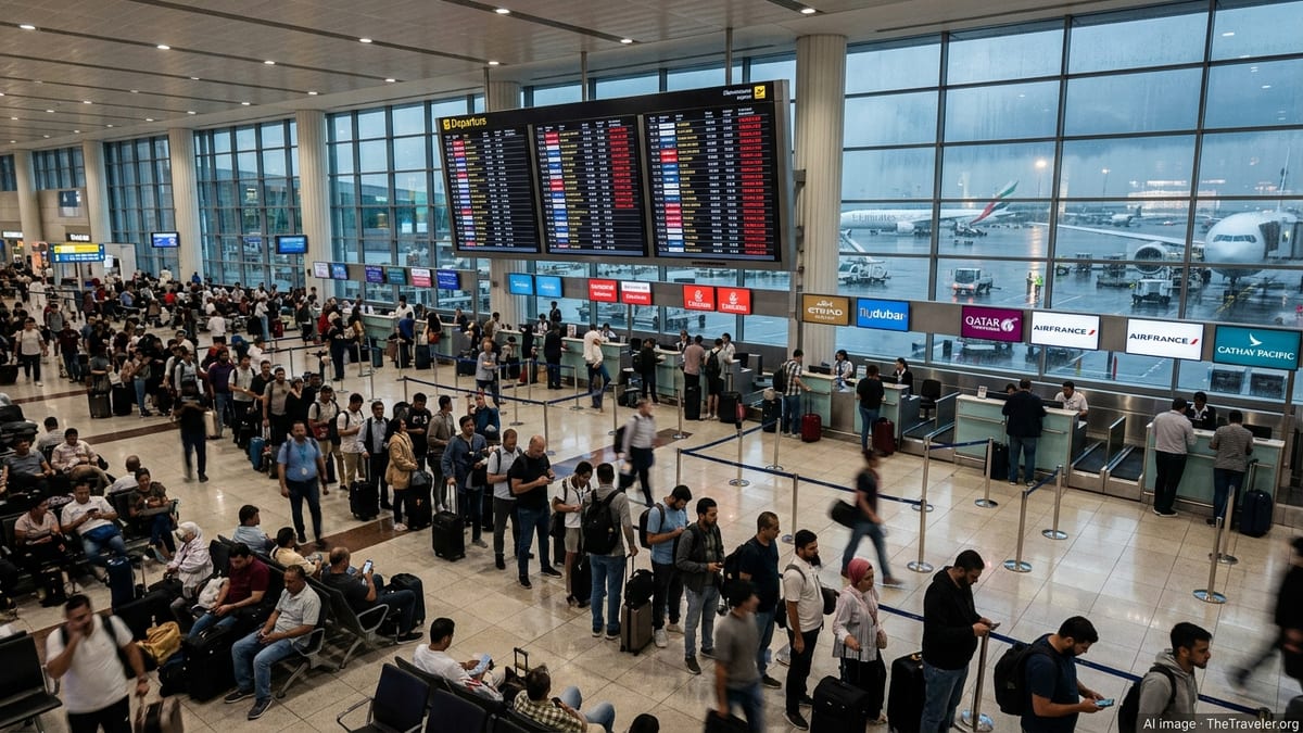 Crowded Dubai airport departure hall with queues as stormy weather and cancellations disrupt flights.