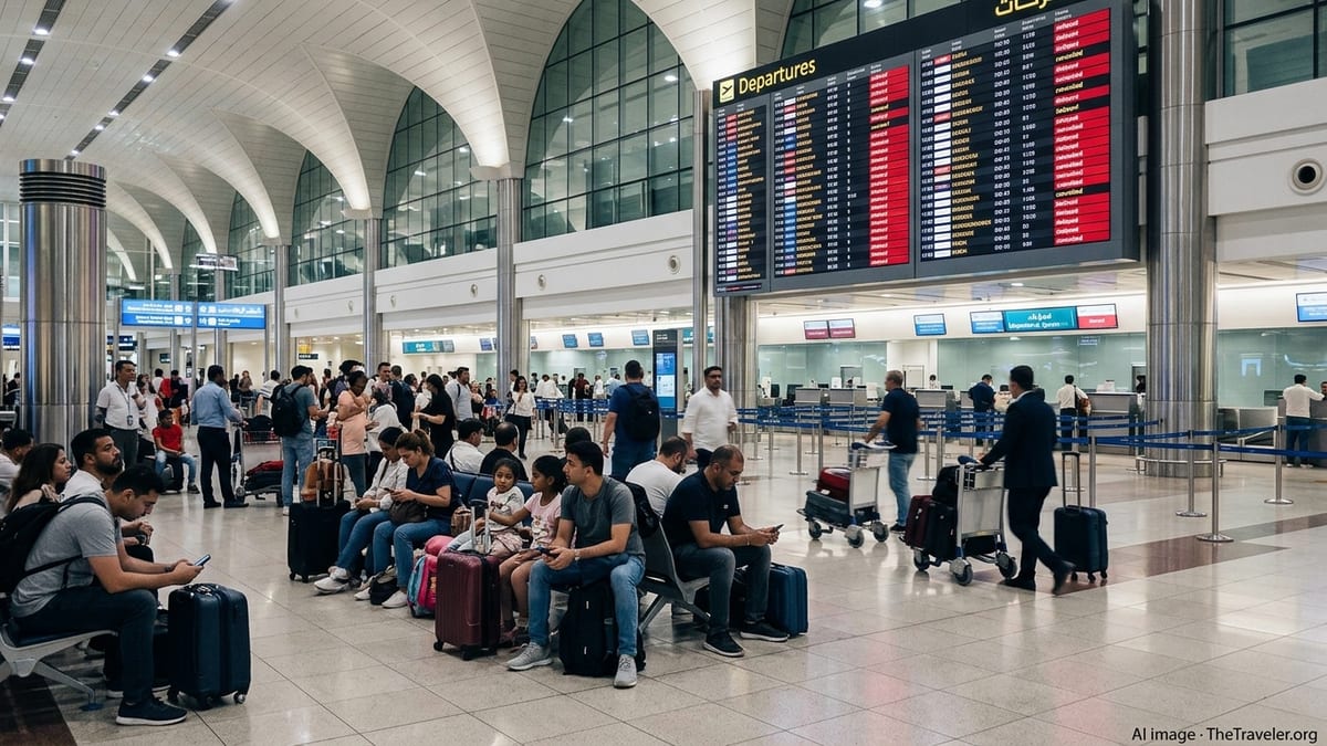 Crowded Dubai airport departures hall with stranded passengers watching a board of delayed and cancelled flights.