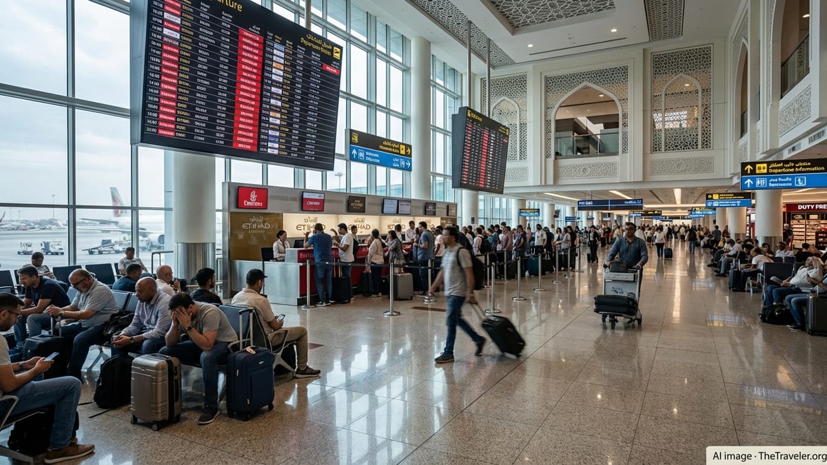 Stranded passengers wait in a busy Dubai airport terminal as multiple flights show cancelled on departure boards.