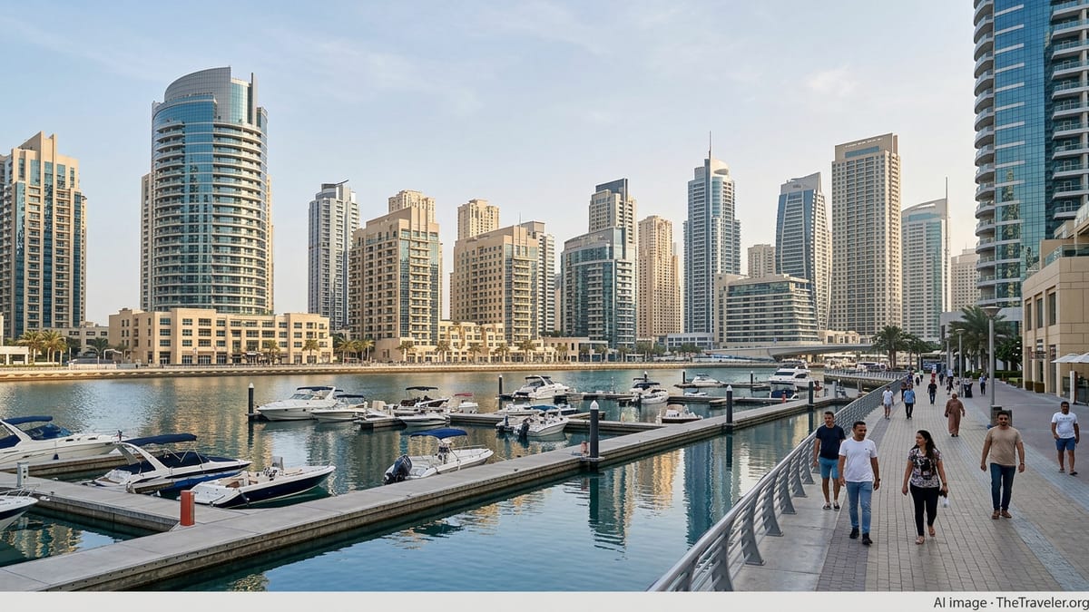Modern UAE marina district with residential towers and promenade viewed from waterfront.