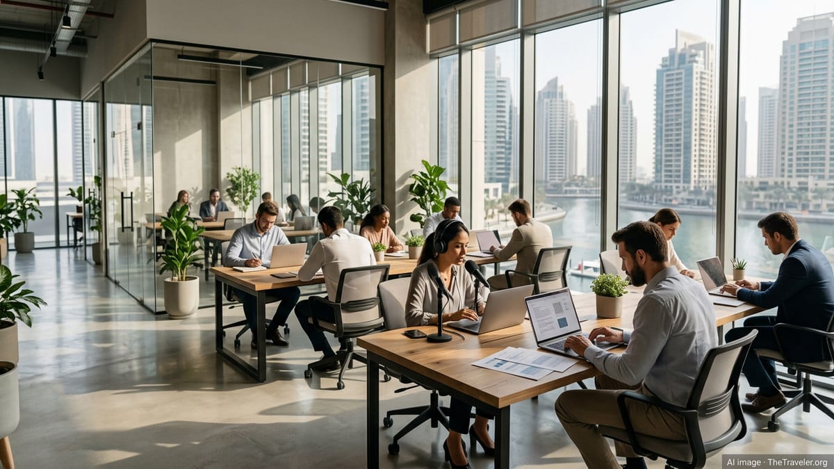 Remote workers in a Dubai coworking space with skyline view, using laptops.