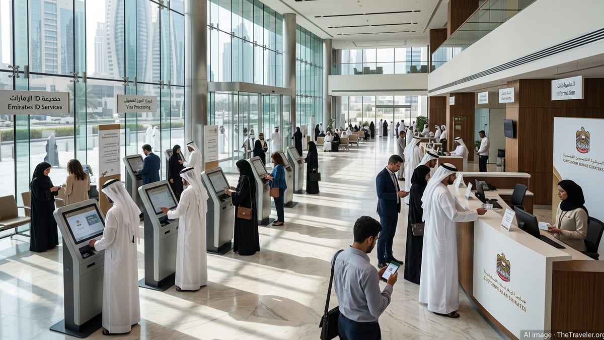 Expatriates being served at a modern UAE government service center with digital kiosks.