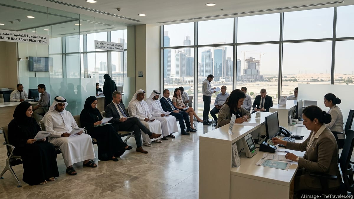 People in a modern UAE clinic reception arranging health insurance linked to residency.
