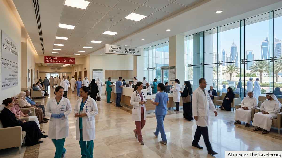 Expat patients and medical staff in a modern UAE hospital lobby with bilingual signage.