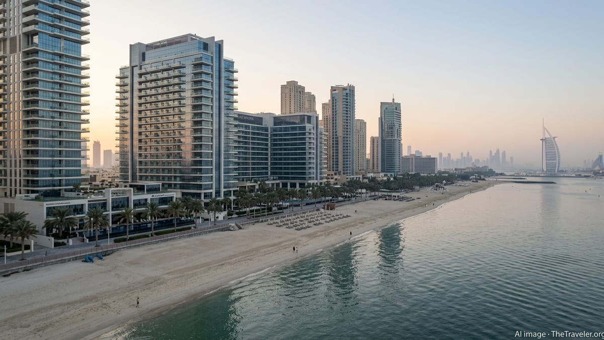 Early morning view of near-empty Dubai beachfront lined with luxury hotels and high-rise towers.