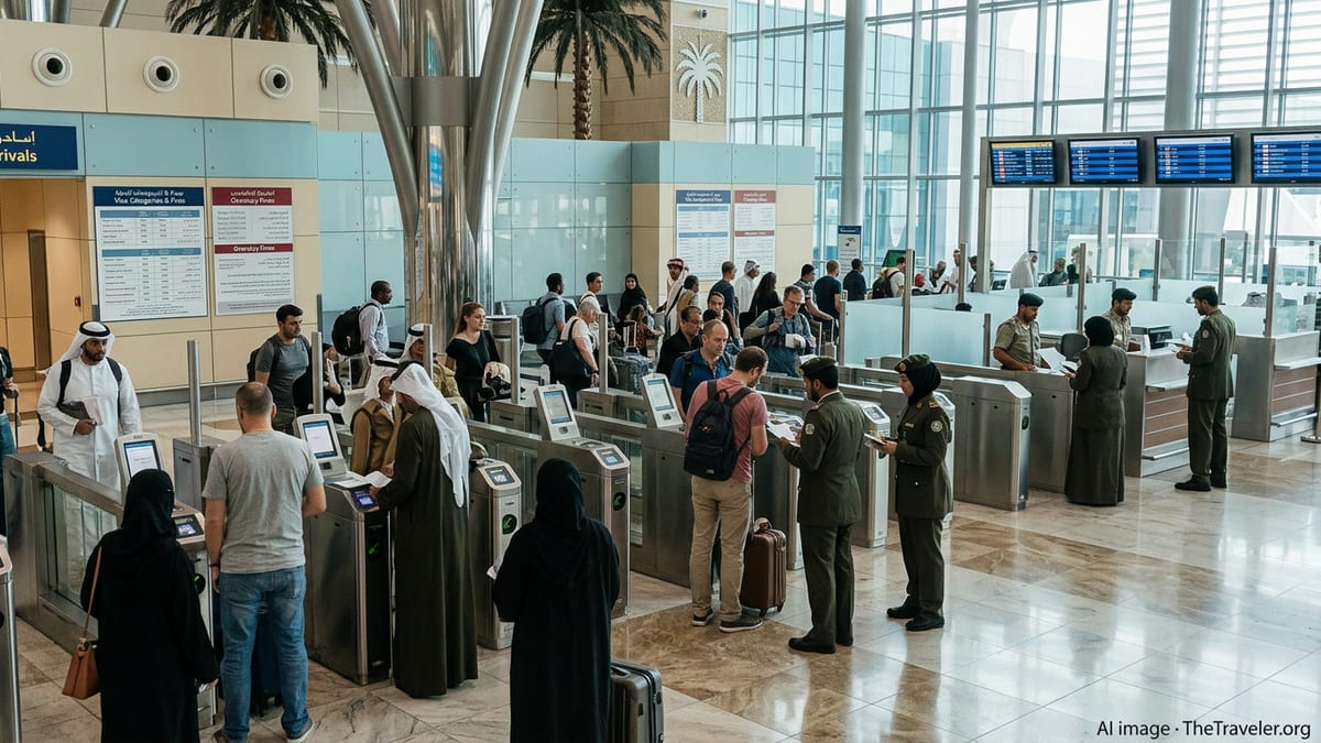 Foreign travelers pass through immigration e-gates at Dubai International Airport under visa compliance signage.