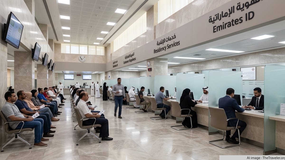 Expatriates waiting and staff assisting at a UAE immigration customer happiness center.