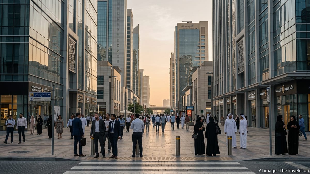 Diverse pedestrians on a Dubai street lined with modern towers and Arabic signage.